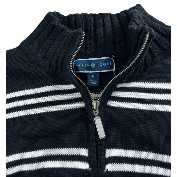 Karen Scott Donna Cotton Striped 1/4 Zip Sweater Sz M Black White Pullover - Picture 3 of 7